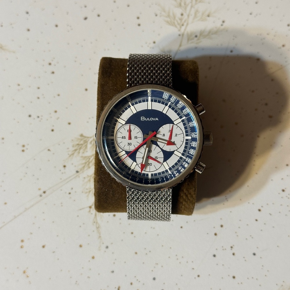 Bulova Chronograph Watch with Mesh Band - Blue White Red Dial